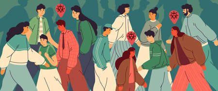 Crowd of people in the city during an epidemic disease. Infected people among healthy. Virus...