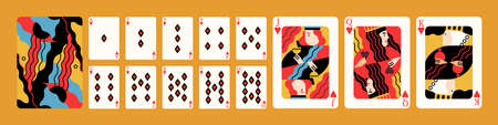 Original design full deck hearts cards in vector editorial cartoon style. Set of bright modern suit...
