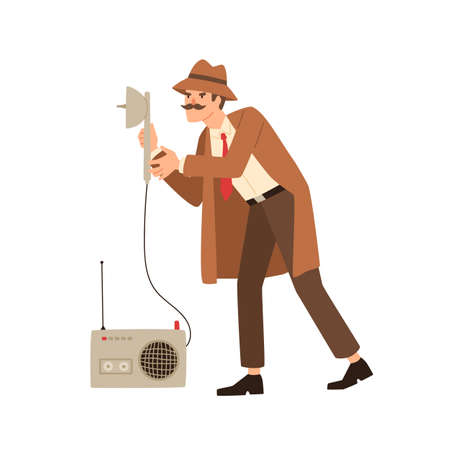 Funny private detective eavesdrop using spy equipment isolated on white. Male cartoon secret agent with mustache solving crime holding wiretap tool vector flat illustration. Cute espionage manのイラスト素材