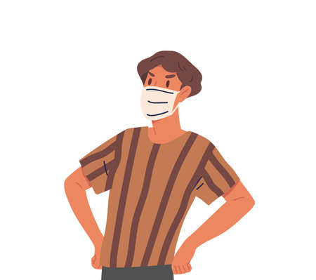 Young guy in face mask isolated on white background. Teen using virus preventive measures. Boy fight with epidemic disease. Coronavirus pandemic. Vector illusration in flat cartoon styleのイラスト素材