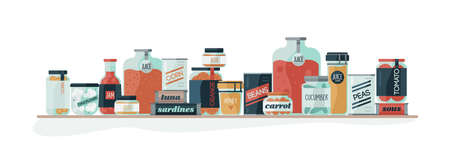 Different types of cartoon glass and cans with pickled vegetables banner isolated on white. Red...