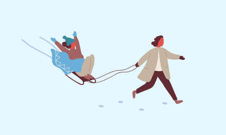 Two happy active woman enjoying sledding together isolated on white. Joyful female riding slide during outdoors activity at winter park. Cartoon friend have healthy lifestyle and positive emotionのイラスト素材