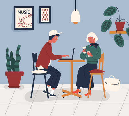 Couple working in cafe. Young man and woman spend time at coffeeshop. Freelancer sitting at table with laptop and girl with smartphone in modern coworking. Vector illustration in flat cartoon style.のイラスト素材