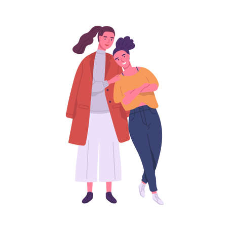 Cute lesbian couple isolated on white background. Homosexual partners standing together. Same sex relationship. Happy lgbt family. Smiling girls hugging. Vector illustration in flat cartoon style.のイラスト素材