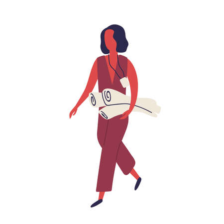 Cartoon woman wearing badge holding paper roll vector flat illustration. Business stylish female corporate employee with pass carrying document isolated on white. Professional engineer characterのイラスト素材