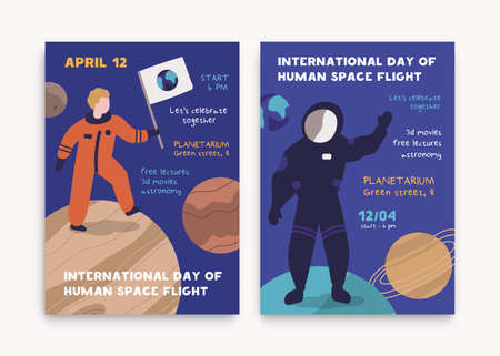 12 april international day of human space flight poster with place for text. Cartoon astronaut at spacesuit stand on planet at open space isolated. Male cosmonaut at galaxy celebrate victoryのイラスト素材
