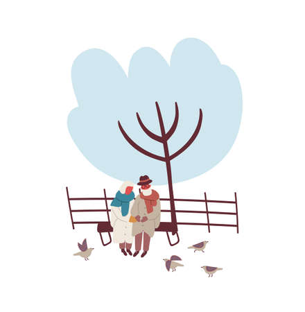 Cartoon mature couple sitting on bench at winter park vector flat illustration. Senior man and woman in warm clothes hugging outdoors isolated on white background. People enjoy seasonal weather.のイラスト素材