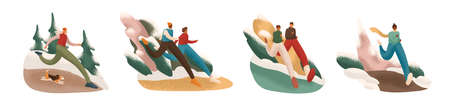 Set of cartoon active people at winter running isolated on white background. Collection of various...