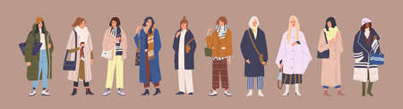 Set of fashion woman in trendy clothes vector cartoon illustration. Collection of classy colorful...