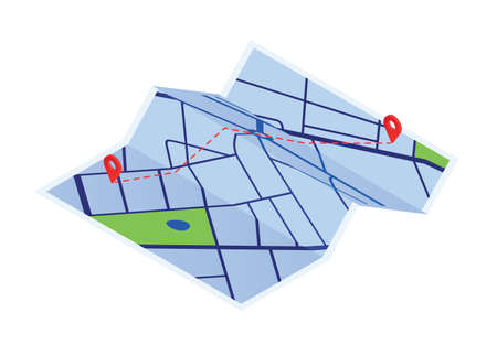 Cartoon paper map with red points vector graphic illustration. Colorful local street gps navigate...