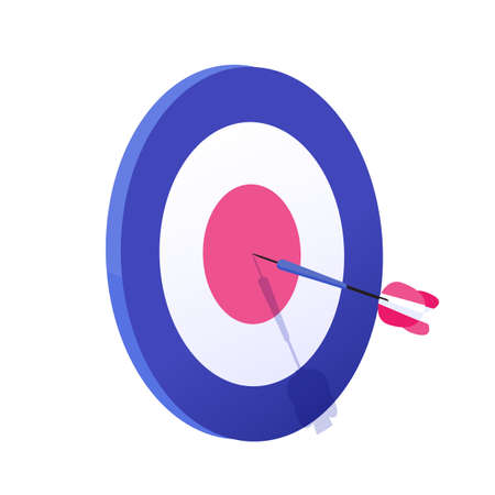 Cartoon arrow exactly on target vector graphic illustration. Hitting goal, successful business...