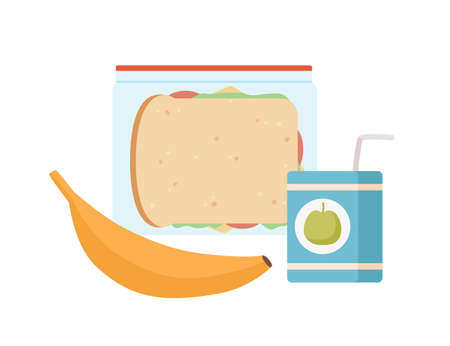 Colorful appetizing snack food in lunch box isolated on white background. Cartoon banana, juice with straw and tasty sandwich vector flat illustration. Colored healthy meals storageのイラスト素材