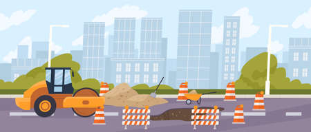 Roadworks in the city. Steamroller in front of a pit surrounded by traffic cones. Urban road construction, repair. Compactor asphalting a highway. Vector illustration in flat cartoon styleのイラスト素材