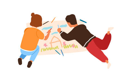 Cartoon little boy and girl painting picture on paper lying on floor vector flat illustration. Creative children enjoying drawing using multicolored pencil isolated on white backgroundのイラスト素材