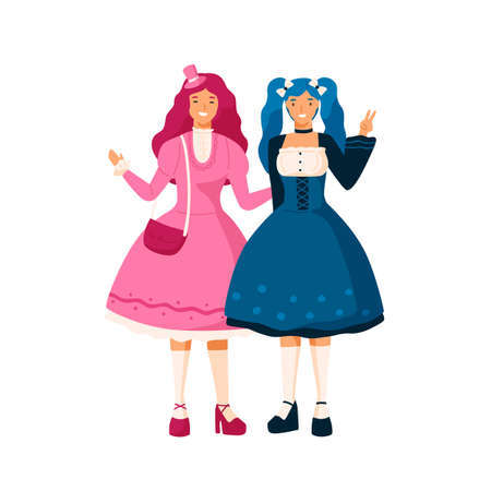Two happy cartoon girl in bright colorful japan lolita costume vector flat illustration. Anime female characters in apparel at theme home party isolated on white background. Holiday masqueradeのイラスト素材