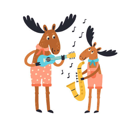 Cute amusing elk family playing musical instruments. Moose father and child with guitar and saxophone isolated on white background. Animal with baby, cub. Vector illustration in flat cartoon styleのイラスト素材