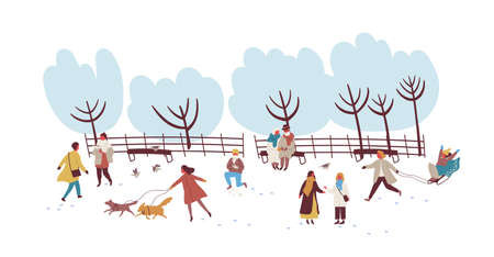 Crowd of people enjoying winter outdoors activity at park vector flat illustration. Colorful men, women and children playing snowballs, walking with dog and sledding isolated on whiteのイラスト素材