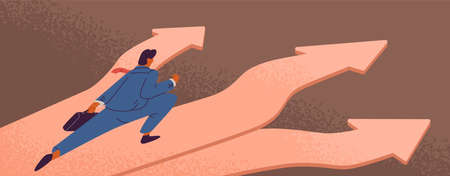 Cartoon male businessman in suit running on arrows direction vector flat illustration. Colorful business male before choosing making decision of development. Solution choice of wayのイラスト素材