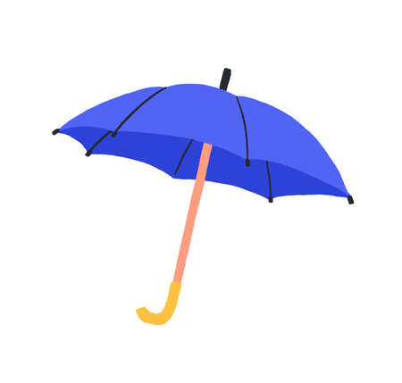 Cartoon colorful umbrella vector graphic illustration. Purple accessory with handle protection from rain isolated on white background. Seasonal safety hand drawn stylish rainy weather symbolのイラスト素材