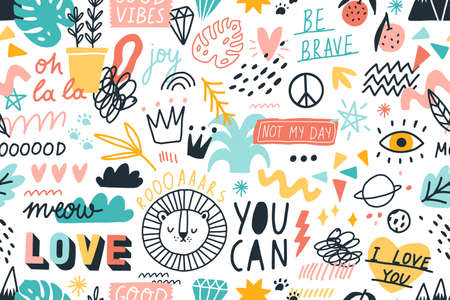 Different hand drawn design elements animals, plants, symbols and handwritten slogans seamless pattern. Various colorful phrases and inscriptions on white. Vector flat illustration in doodle styleのイラスト素材