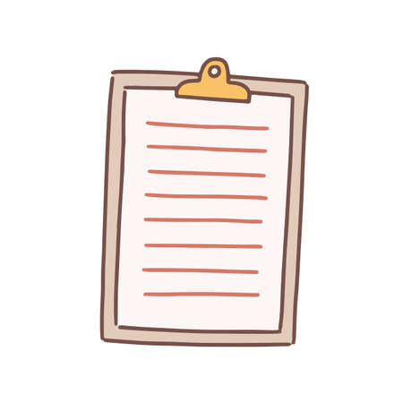 Cartoon note paper blank with clip board vector flat illustration. Colorful sheet to writing notes isolated on white background. Lined hand drawn list attached to clipboardのイラスト素材