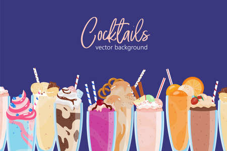 Composition of delicious milkshakes in glasses vector flat illustration background. Many refreshing tropical beverages in jars isolated. Dessert drinks decorated with fruits, berries, whipped creamのイラスト素材