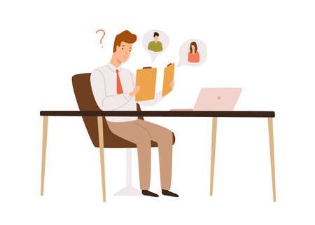 Confused male recruit choosing between two resume applicant vector flat illustration. HR manager sit at desk doubt to hire hold cv isolated on white. Head hunting, recruitment and candidate choiceのイラスト素材