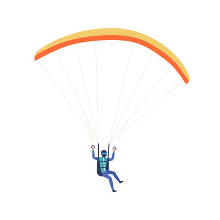 Male skydiver flying with parachute vector flat illustration. Extreme man enjoying parachuting sport and leisure outdoors activity isolated on white background. Active guy parachutist in safety suitのイラスト素材
