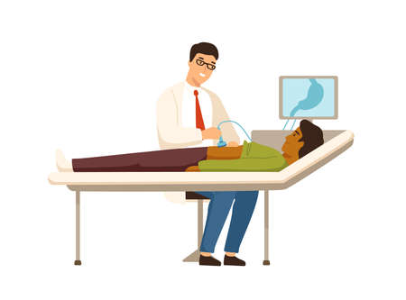 Smiling gastroenterologist making abdominal ultrasound to patient vector flat illustration. Man with stomach pain visit doctor at clinic isolated on white. Physician during sonography examinationのイラスト素材