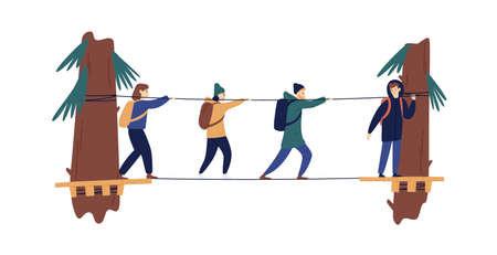 Group of active tourist with backpack walking along rope bridge vector flat illustration. Man and woman enjoying outdoor activities isolated on white. Suspension bridgework between trees at camp townのイラスト素材