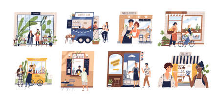 Set of happy cartoon diverse people work at family business vector flat illustration. Collection of owners and customers with small shop, cafe, store facades and services isolated on whiteのイラスト素材