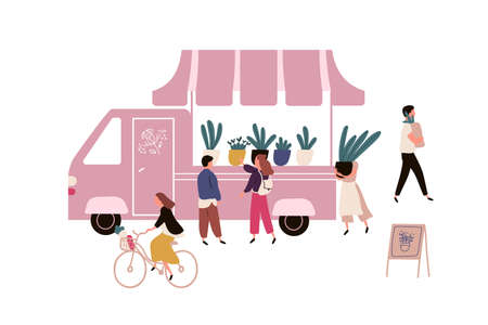 People buying plants from van kiosk vector flat illustration. Crowd of buyers at outdoors gardening market choosing potted plants isolated on white. Man and woman shopping houseplantのイラスト素材