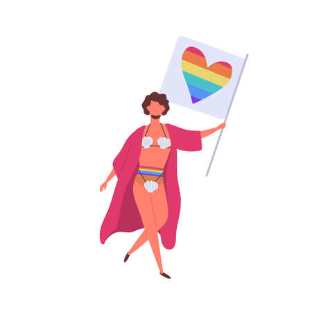 Cartoon homosexual bearded man in bikini carrying lgbt rainbow flag vector flat illustration. Colorful transgender male activist in funny costume at gay parade isolated on whiteのイラスト素材