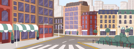Colorful street of modern European city vector graphic illustration. Architecture building exterior of downtown panoramic view. Colored megapolis cityscape. Central district with house facadeのイラスト素材