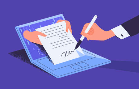Man putting esignature into legal document. Digital signature concept. Businessman signing an agreement or contract online. Colorful vector illustration in flat cartoon styleのイラスト素材