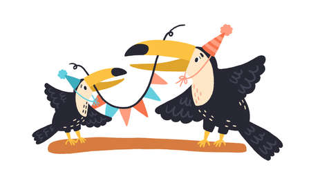 Funny festive toucan family holding colorful decoration vector flat illustration. Happy birds in holiday hat standing on branch isolated on white background. Colored wild winged creaturesのイラスト素材