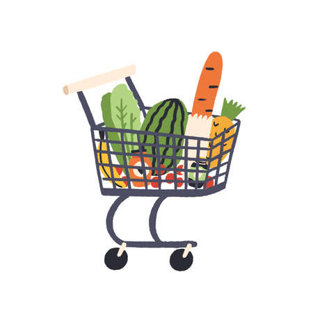 Cartoon trolley with healthy food vector flat illustration. Colorful full shopping cart with grocery from self-service shop isolated on white background. Fresh products in pushcart with handleのイラスト素材
