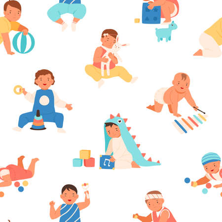 Cute colorful children smiling having fun seamless pattern vector flat illustration. Adorable joyful...