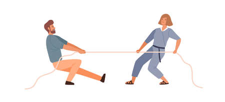 Man and woman competitors tug of war contest vector flat illustration. Colorful male and female...