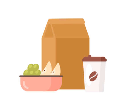Colorful appetizing fresh food to go vector flat illustration. Paper package with meal, coffee cup, bowl with juicy apple and grape isolated on white background. Delicious lunch packagingのイラスト素材