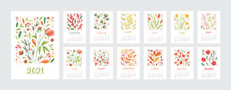Set of various calendar templates for 2021 year vector flat illustration. Colorful creative pages decorated by natural blossom isolated on white. Collection of schedule design week start on sundayのイラスト素材
