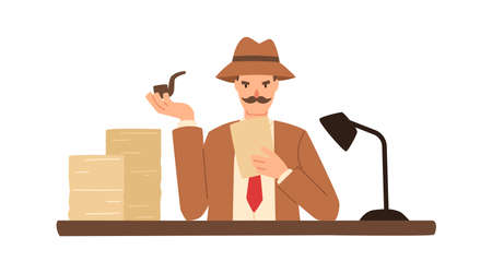Detective solving crime sitting at desk with stack of document vector flat illustration. Male inspector with mustache and smoking pipe work at night isolated on white. Man find evidence in paperのイラスト素材