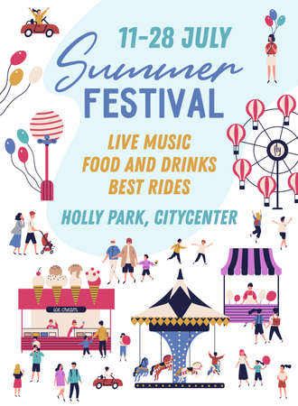 Summer festival promo poster in vector flat cartoon style. Announcement of family entertainment with place for text isolated on white. Illustration of outdoor recreation with various attractionsのイラスト素材