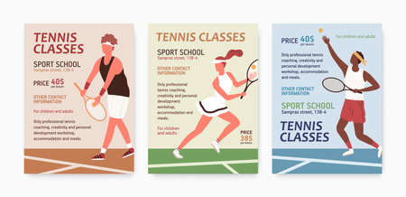Set of tennis classes poster with place for text vector flat illustration. Collection of different announcement of sport school. Man and woman in sports apparel holding rackets and hitting ballのイラスト素材