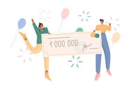 Joyful man and woman holding bank check for million vector flat illustration. Happy couple winner of grant or lottery gain surrounded by air balloon and firework isolated on white backgroundのイラスト素材