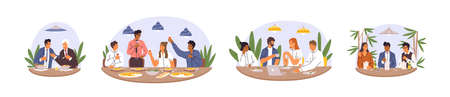 Set of various diverse business team eating together vector flat illustration. Collection of happy colleagues having informal meeting after work, celebrating success and smiling isolated on whiteのイラスト素材