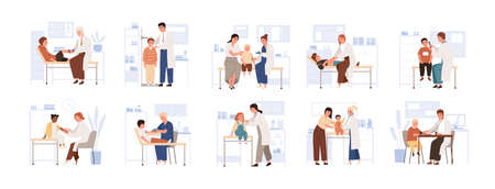 Set of cute child visit doctor vector flat illustration. Collection of various kids and parents at physician consultation isolated on white. Friendly medical staff work with diverse boy and girlのイラスト素材