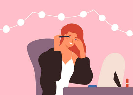Smiling colorful woman dye eyelashes looking at mirror vector flat illustration. Young girl enjoying cosmetic procedure use mascara at home. Beauty female applying makeup having positive emotion.のイラスト素材