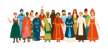Smiling diverse female in national ethnic clothes vector flat illustration. Multinational group of happy woman in traditional folk apparel standing together isolated on white backgroundのイラスト素材