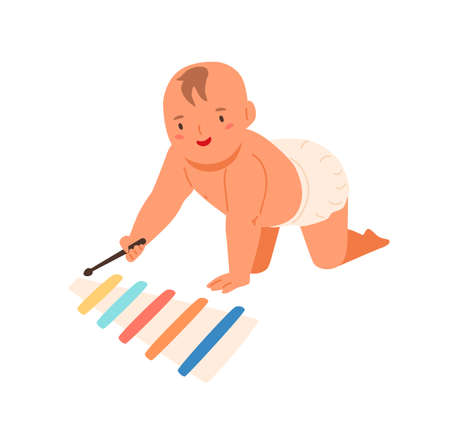 Smiling toddler playing on wooden xylophone vector flat illustration. Cute little child in diaper enjoying sound of toy musical instrument isolated on white background. Joyful baby having funのイラスト素材
